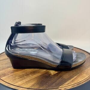 NAOT Pixie Black Leather Wedge Sandal Cork Sz EU 39 US 8.5 Adjust Strappy Ankle